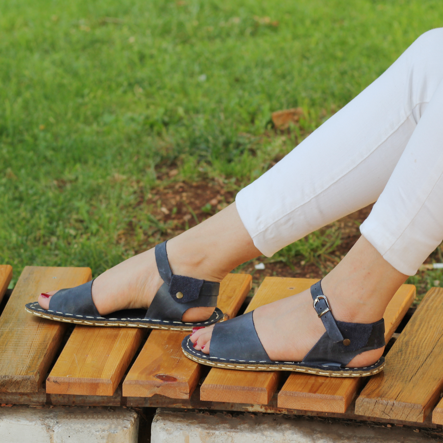 BAND Women's Navy Blue Leather Barefoot Huarache Sandals-Women's Sandals-Nefes Shoes-3-Nefes Shoes