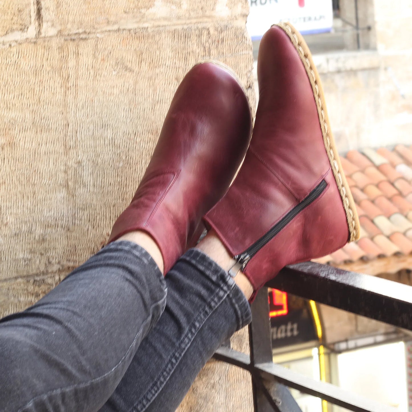 barefoot boots for men with zipper burgundy