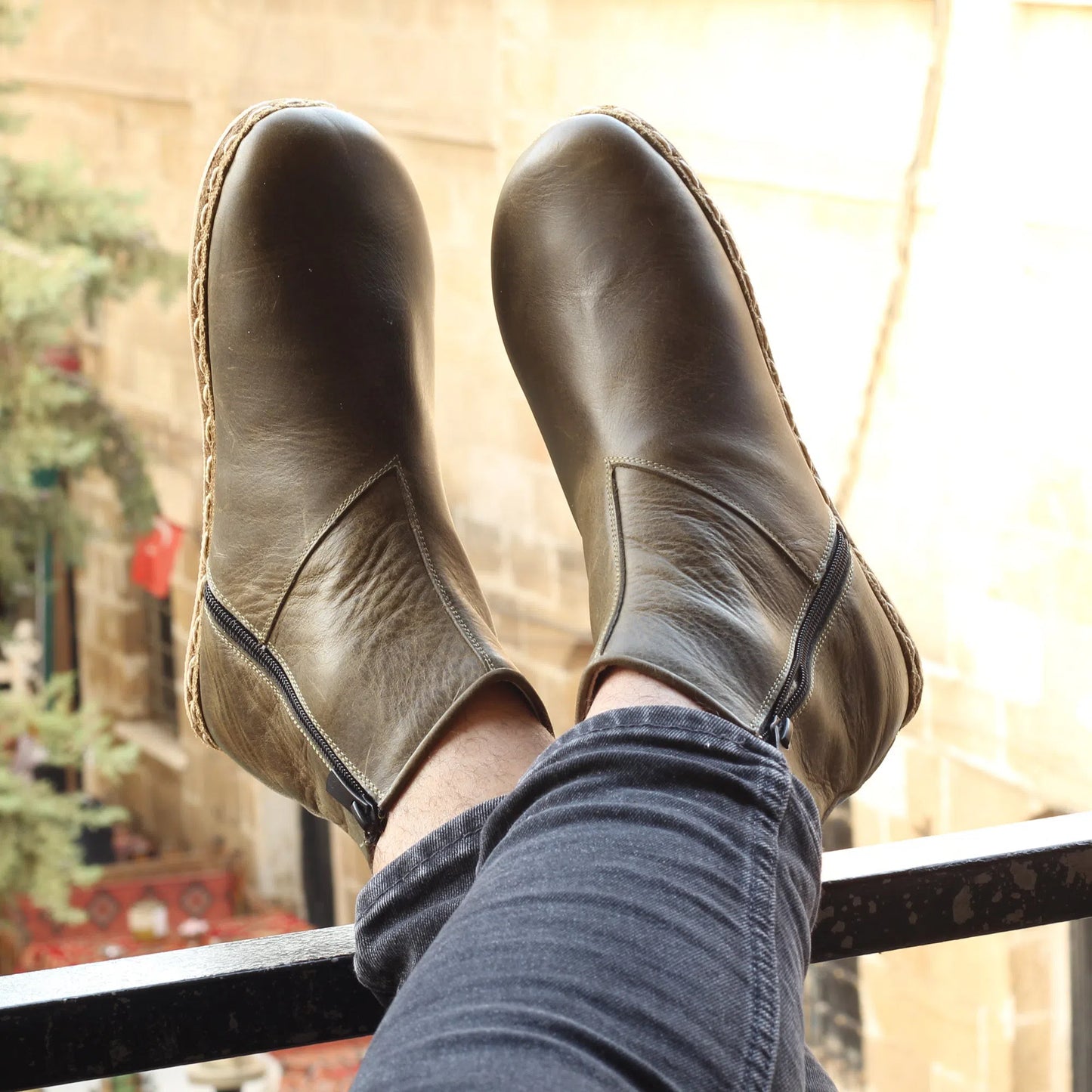 barefoot boots for men with zipper olive green