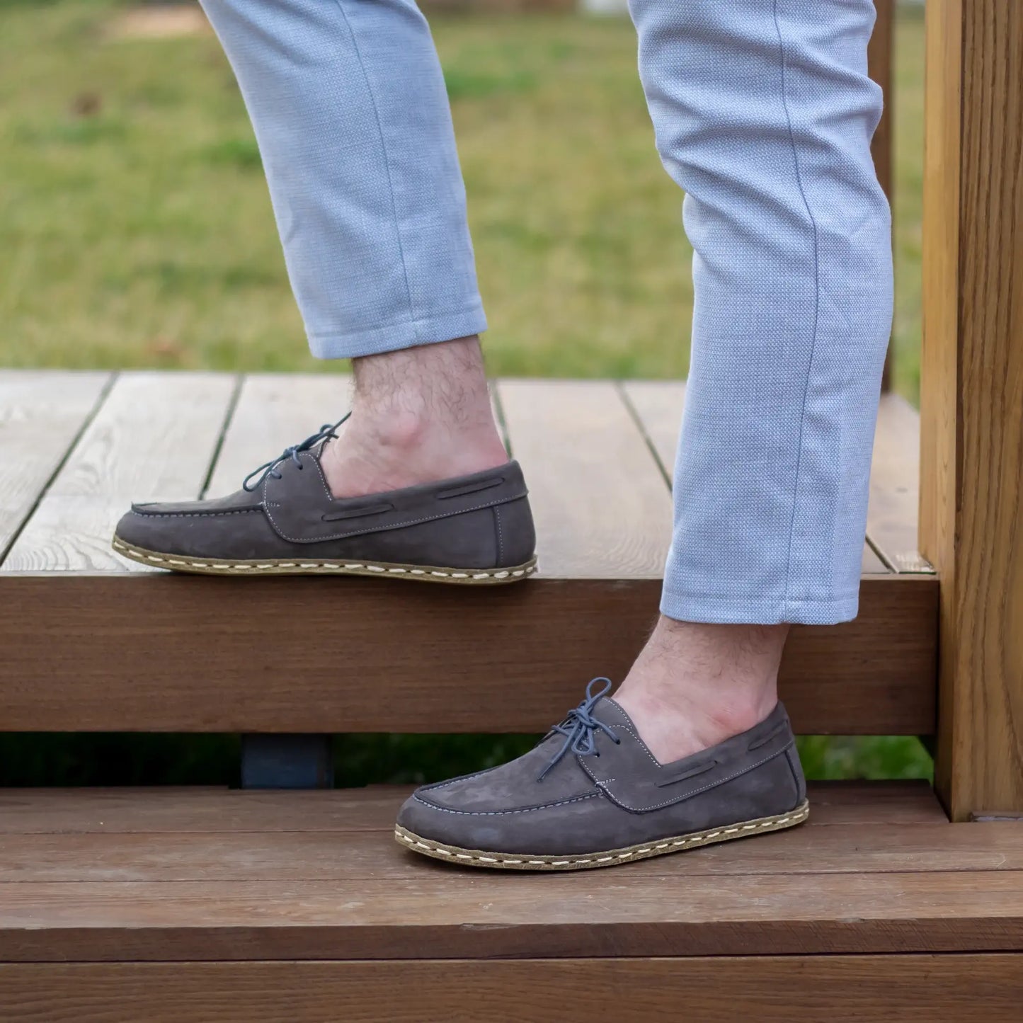 barefoot gray nubuck leather earthing shoes for men