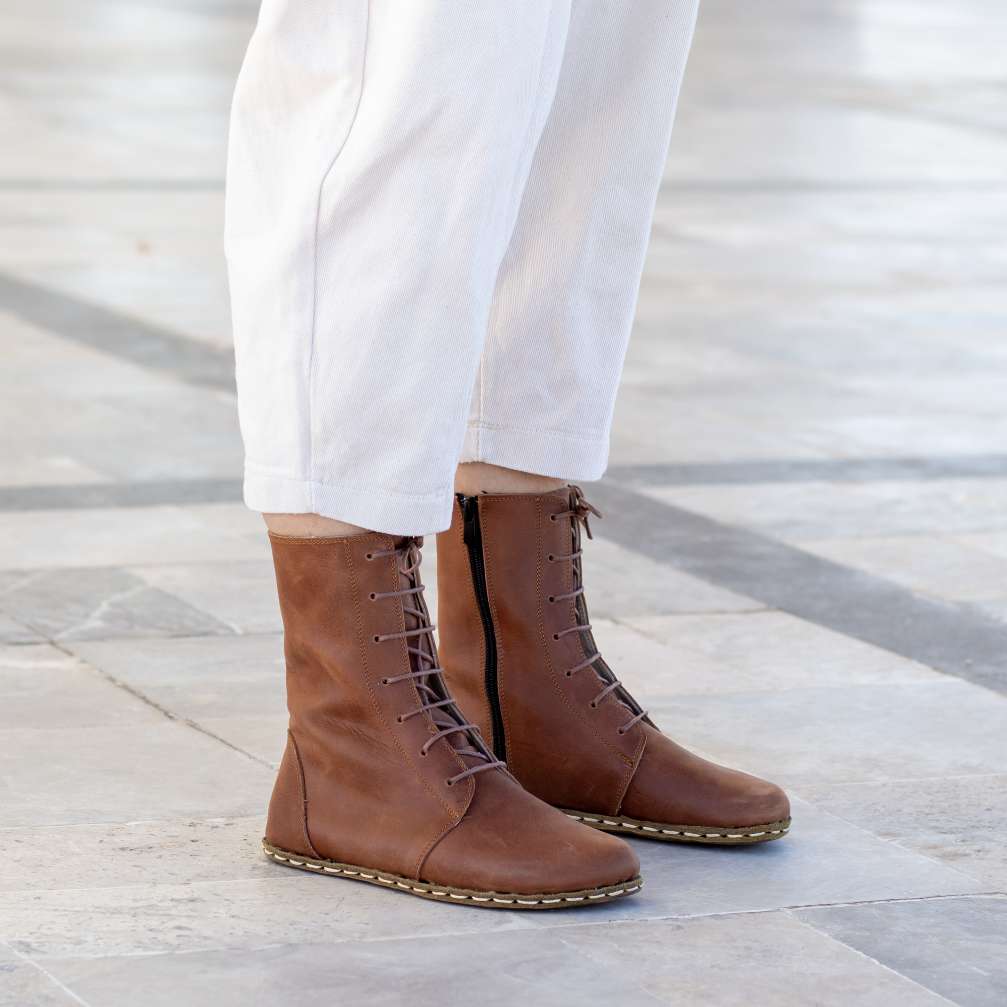 Leather Boots Flat Brown Lace Up Boots Barefoot Leather Lace-up