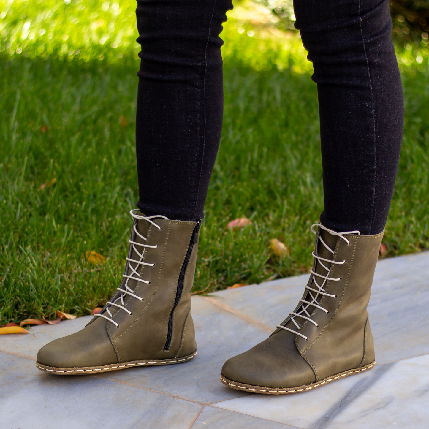Barefoot Grounding Effect Olive Green Leather Boots For Women-Women Barefoot Shoes Modern-Nefes Shoes-5-Nefes Shoes
