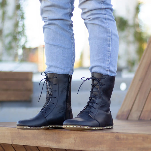 barefoot leather lace up black boots for men