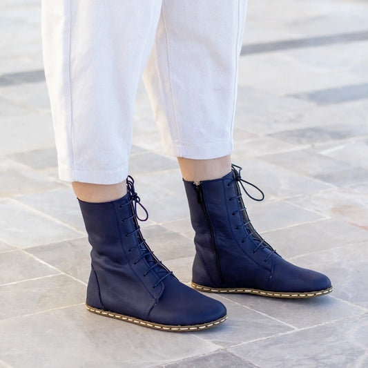 barefoot leather lace up navy blue boots for women