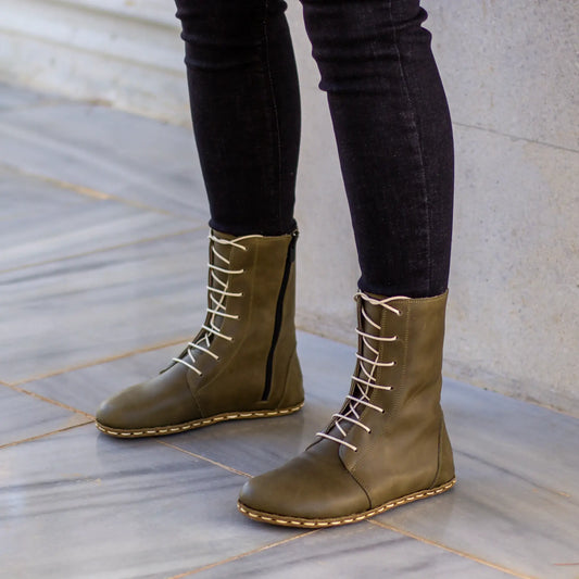barefoot leather lace up olive green boots for women