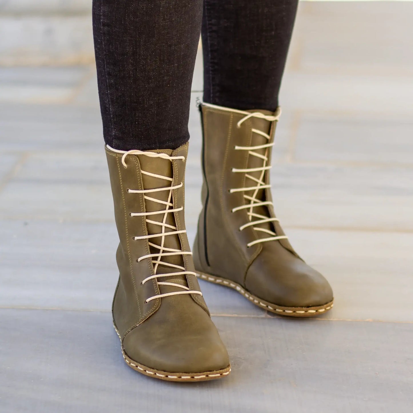 barefoot womens lace up olive green handmade leather boots