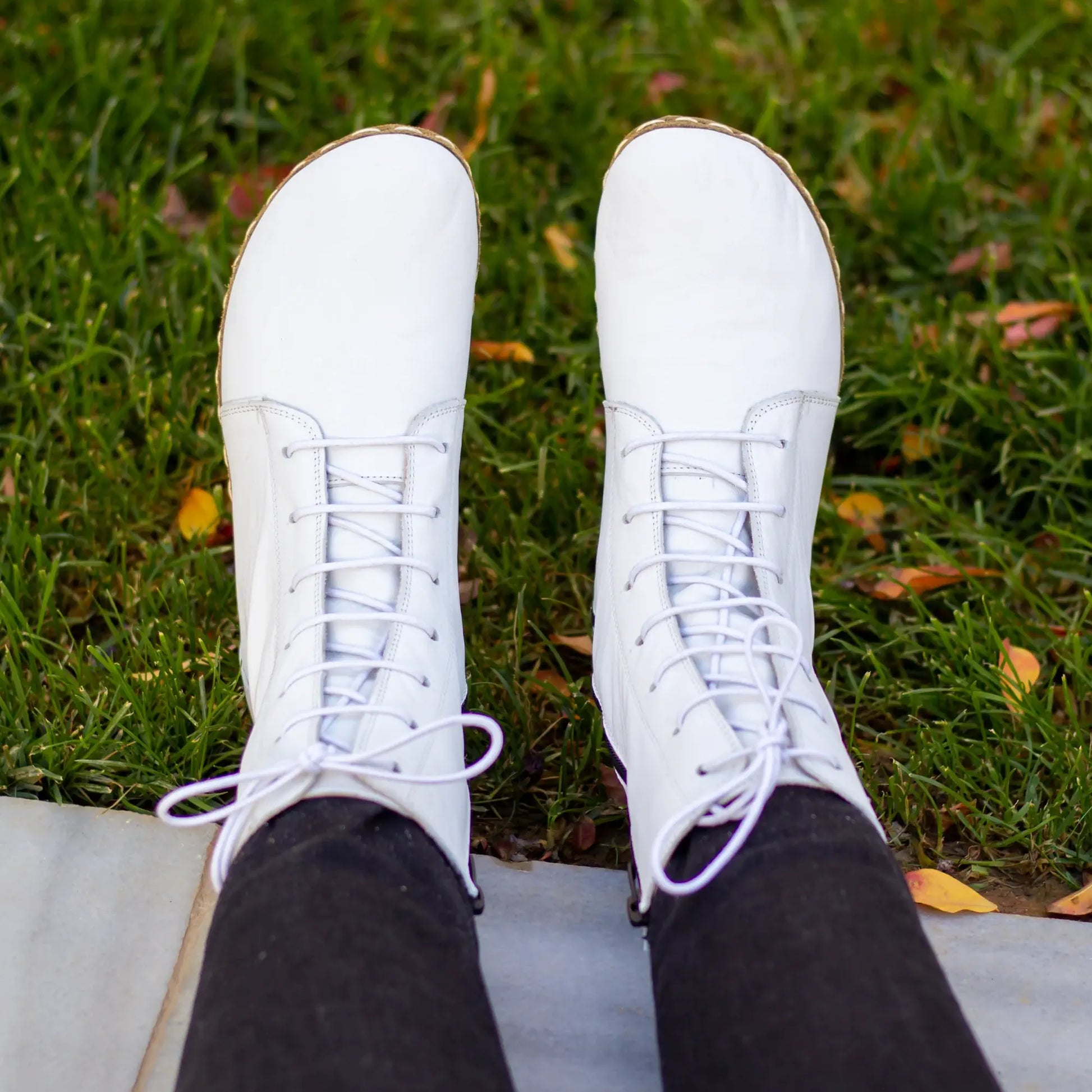barefoot womens stylish white leather lace up boots