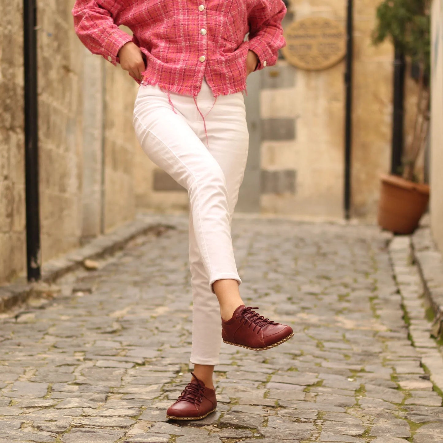 burgundy barefoot leather sneakers for women