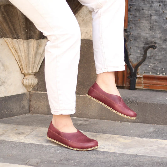 burgundy womens handmade barefoot loafers