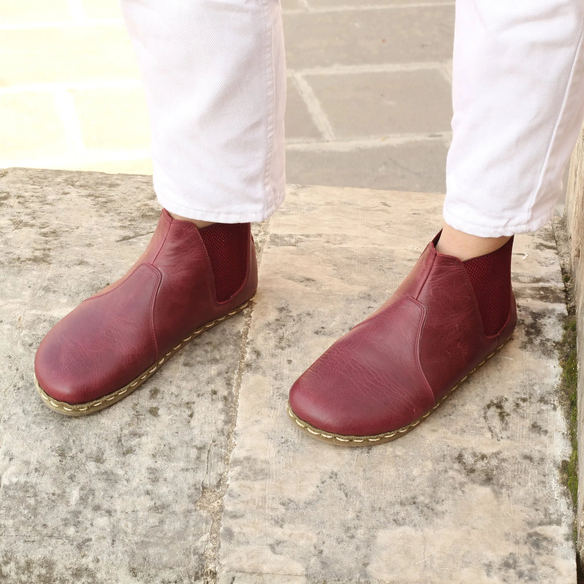 chelsea barefoot burgundy handmade boots for women