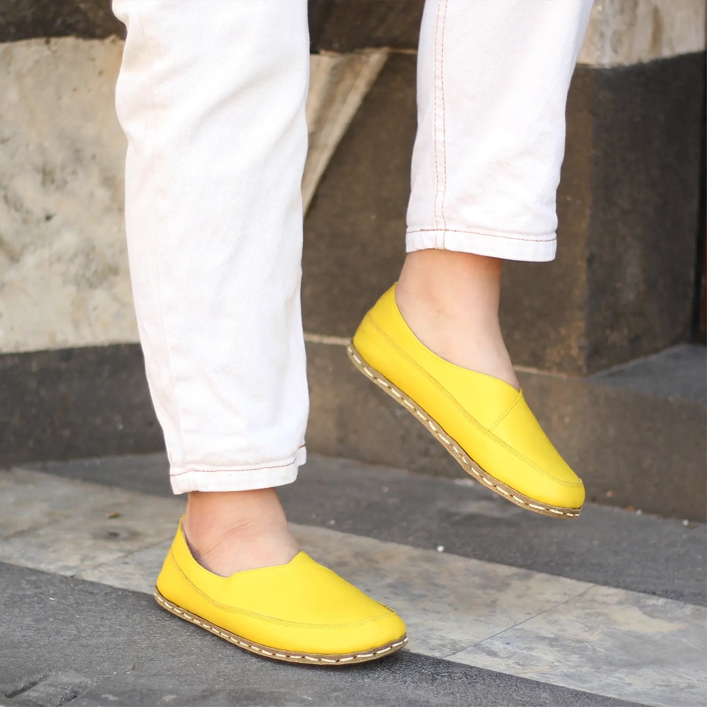 comfortable handmade barefoot loafers women yellow