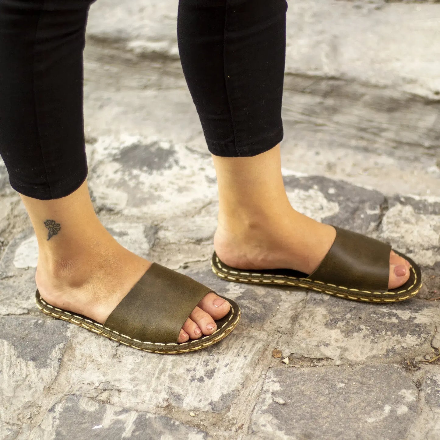 cozy olive green slippers leather handmade women