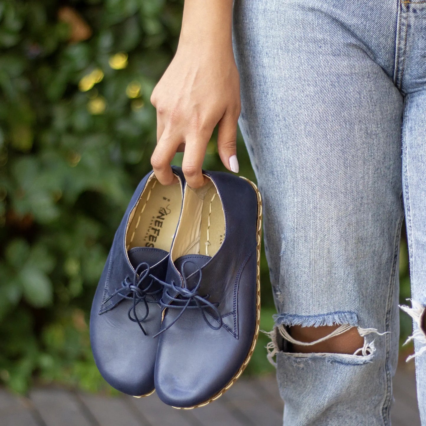 durable navy blue barefoot leather shoes women handmade