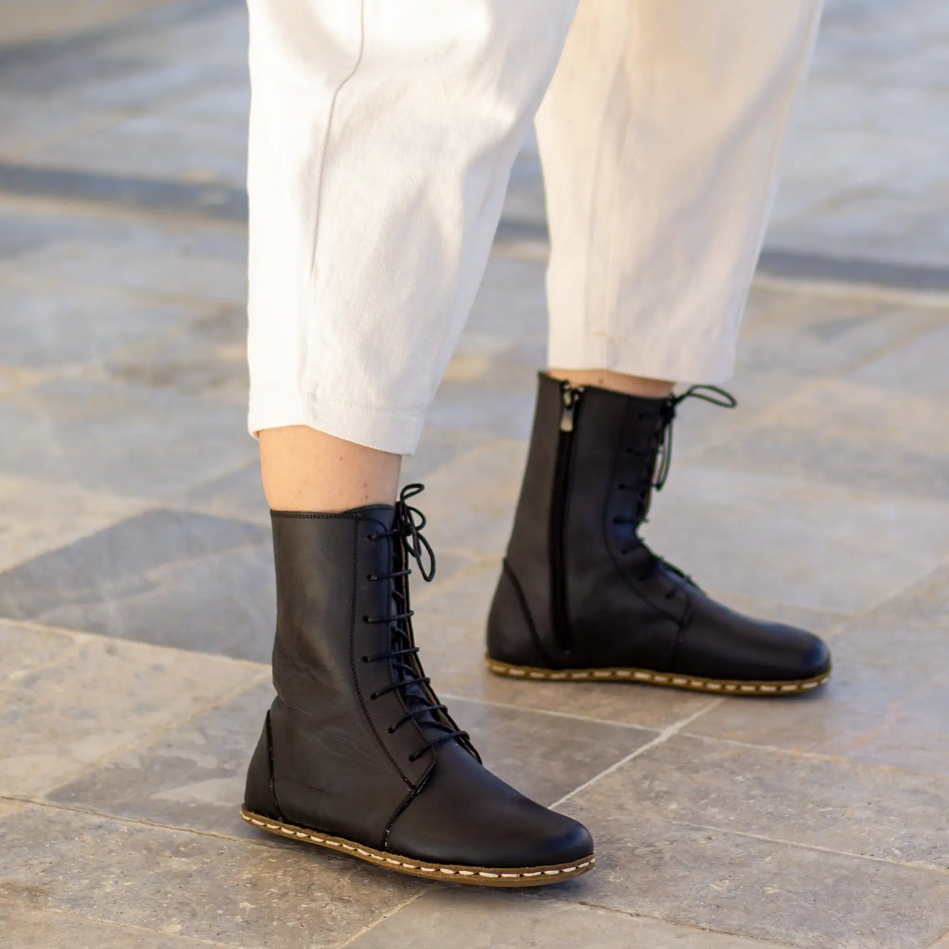 grounding barefoot black lace up boots for women