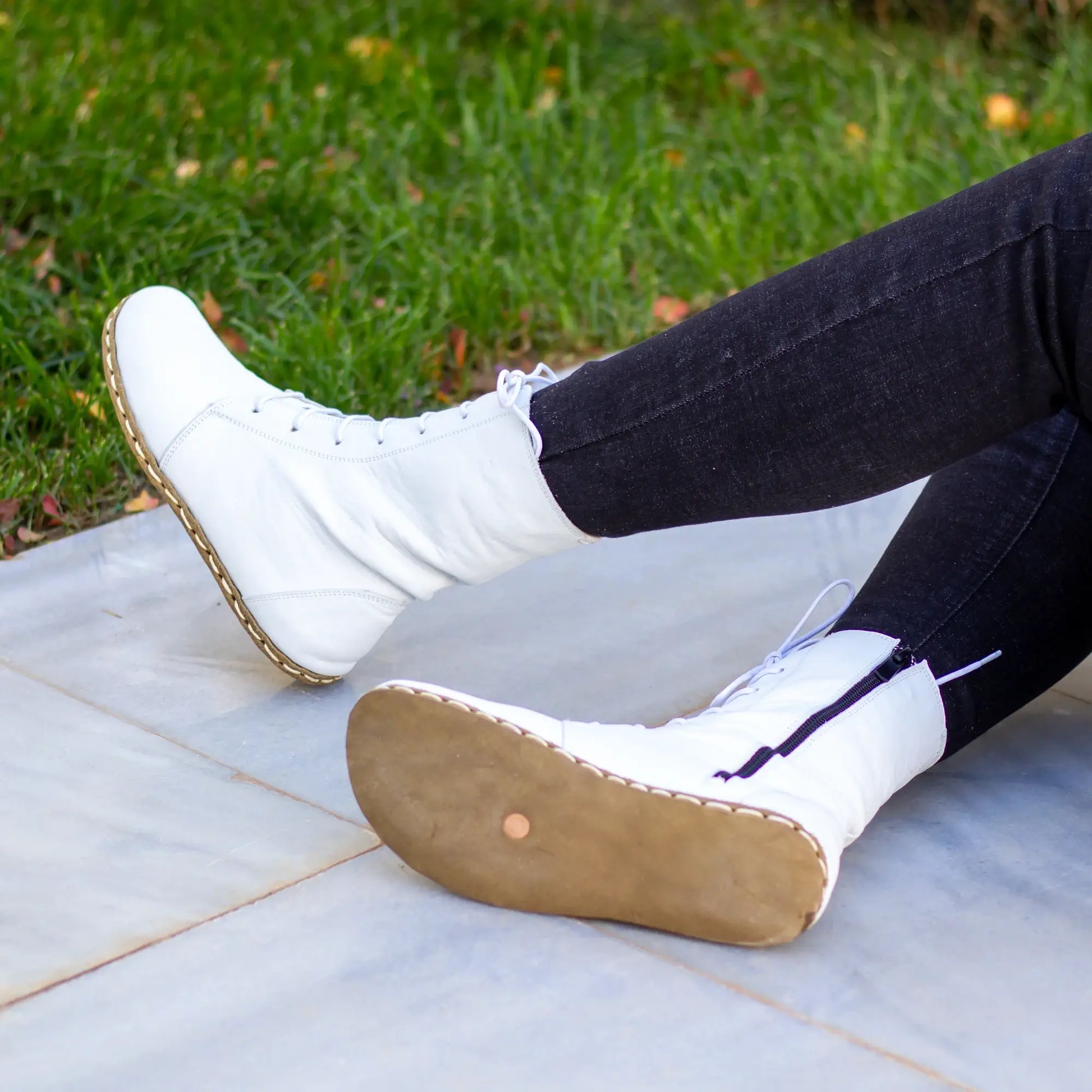 grounding barefoot white lace up leather boots for women