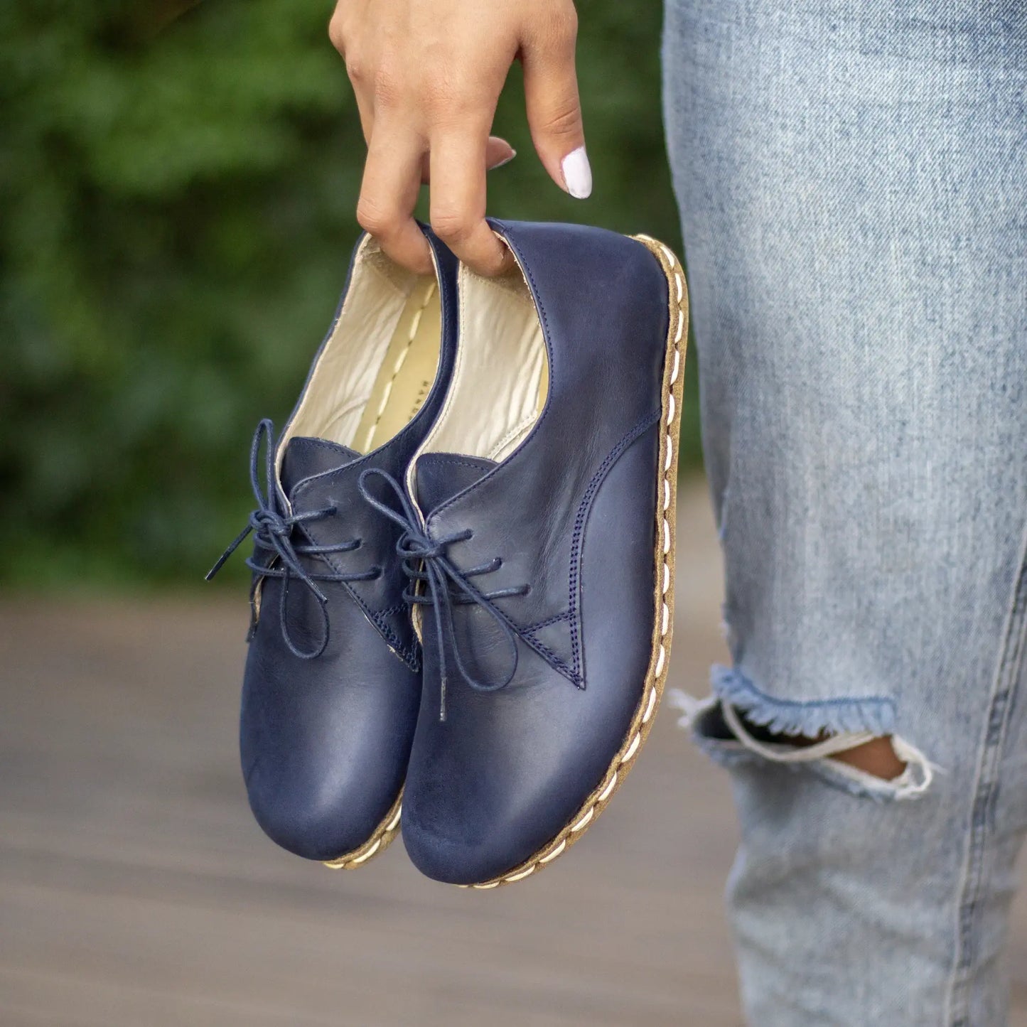 handcrafted navy blue barefoot leather shoes for women