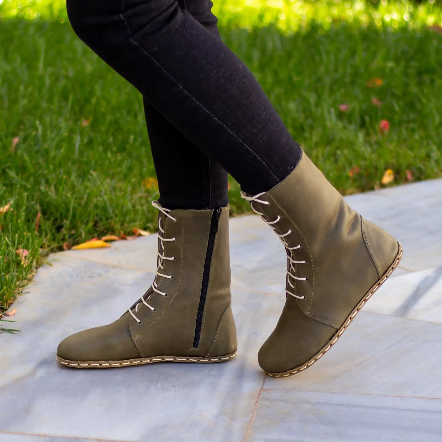 handmade barefoot lace up olive green leather womens boots