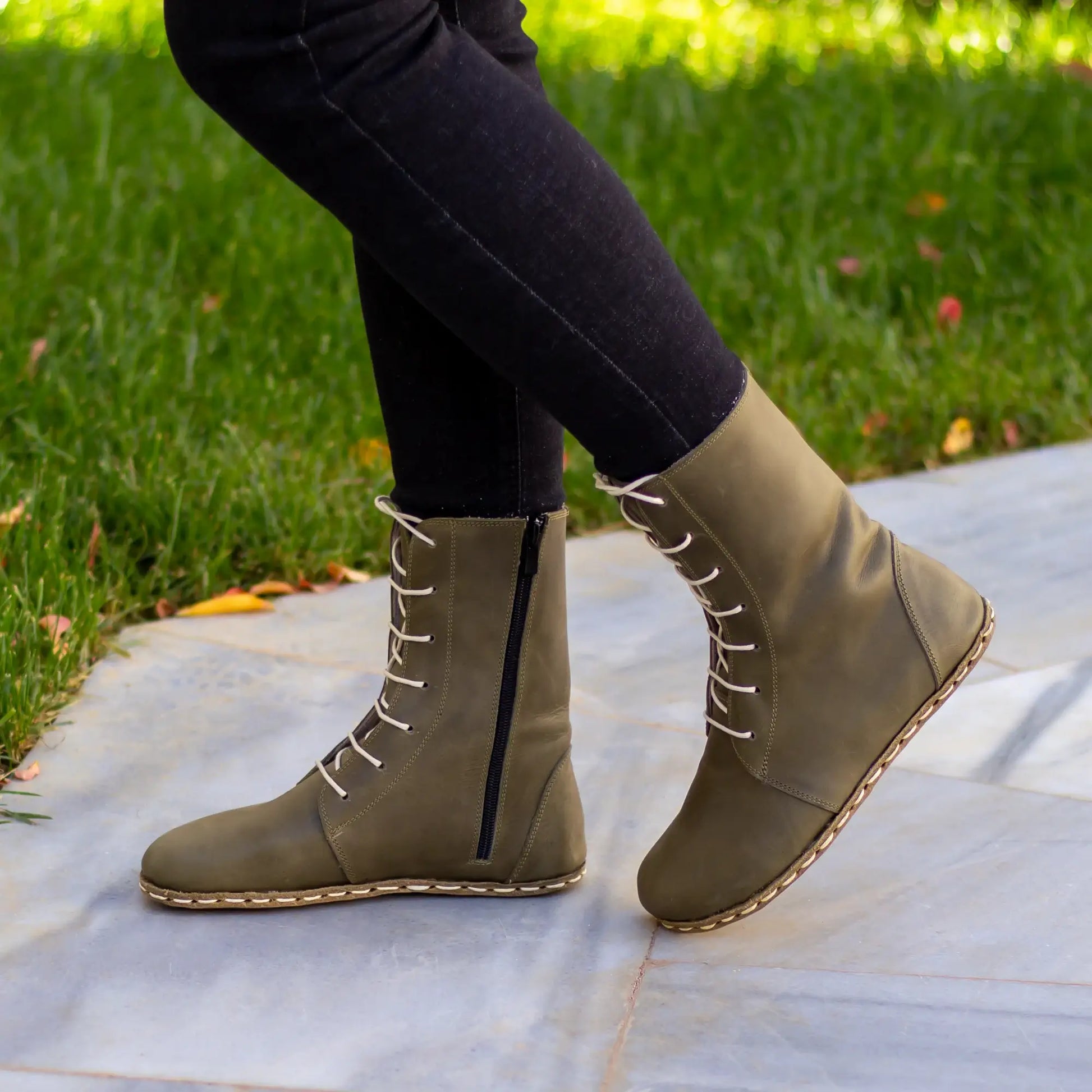 handmade barefoot lace up olive green leather womens boots