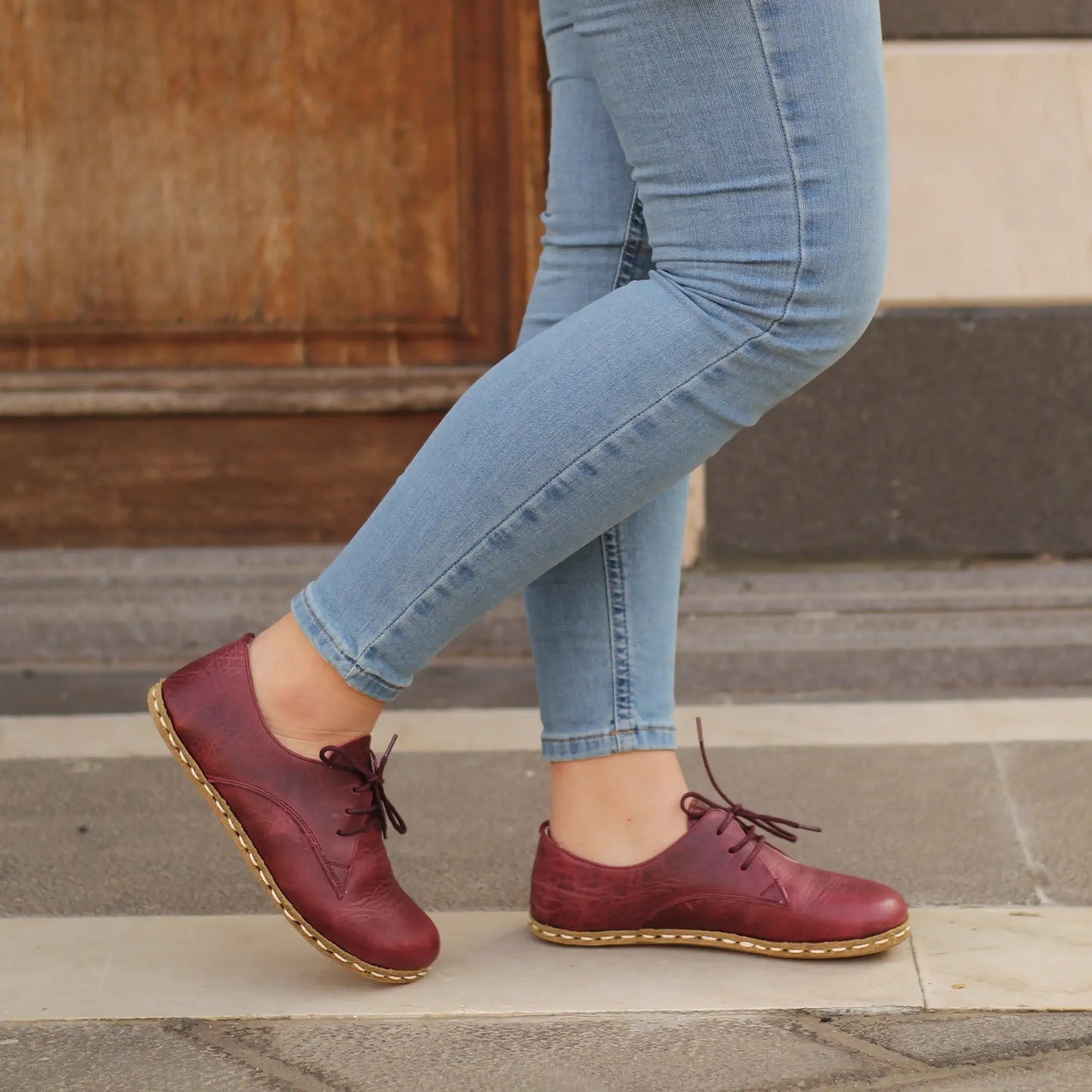 handmade burgundy leather barefoot shoes for women