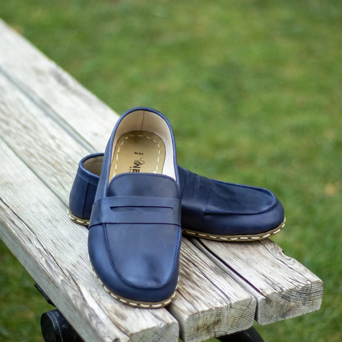 handmade grounding leather shoes men crazy navy blue