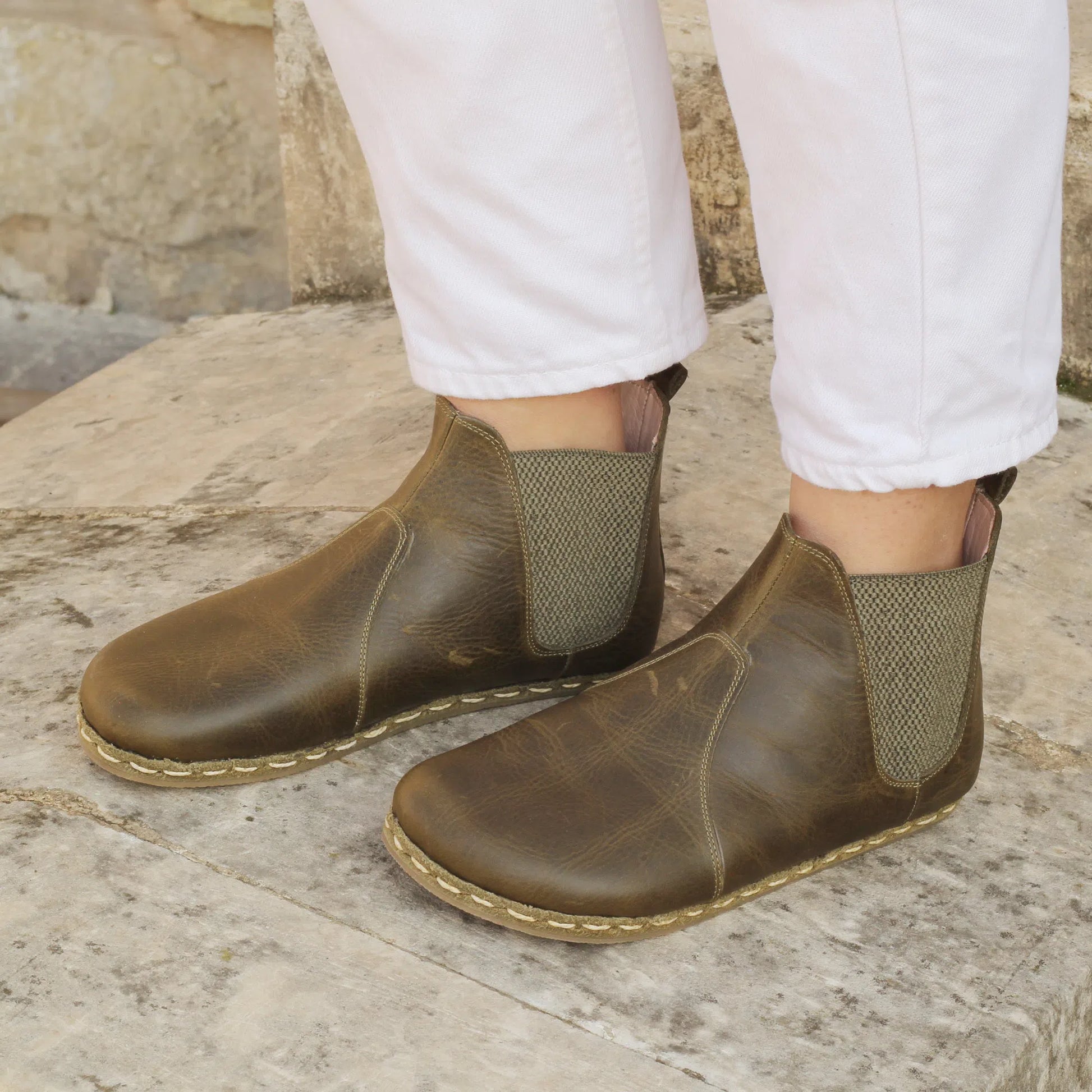 handmade military green chelsea barefoot boots for women