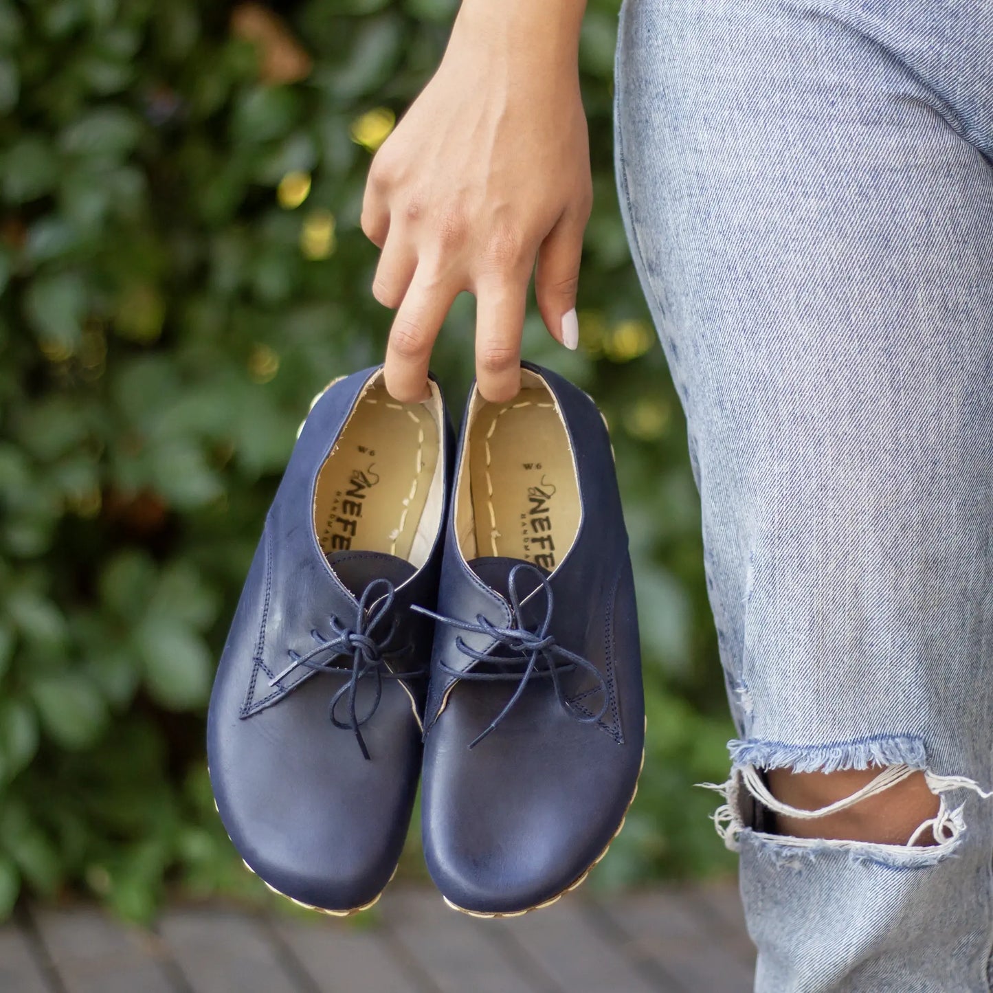 handmade navy blue leather barefoot shoes for women