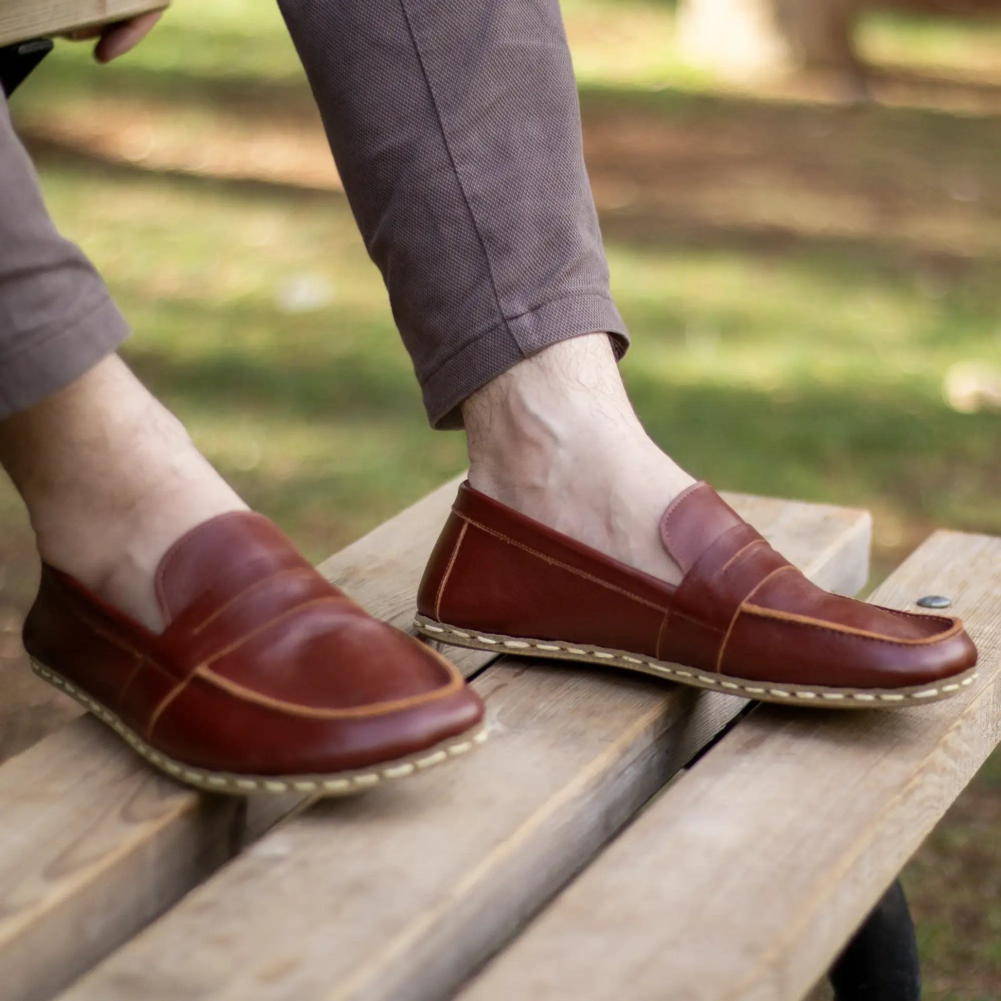 men grounding barefoot leather shoes tornado brown