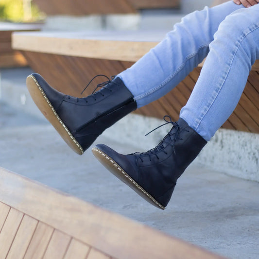 mens barefoot black leather lace up boots