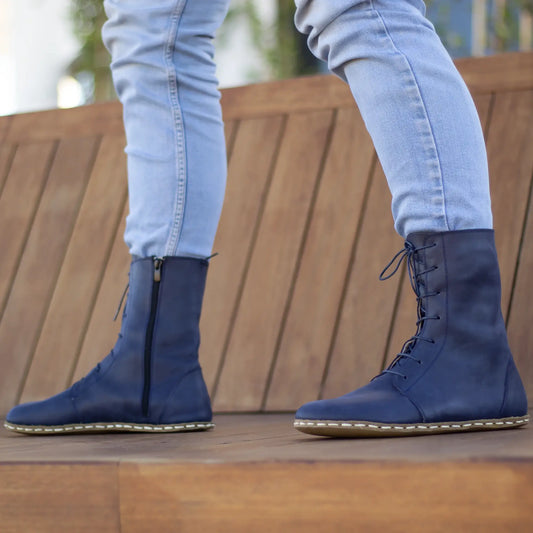 mens barefoot navy blue leather lace up boots