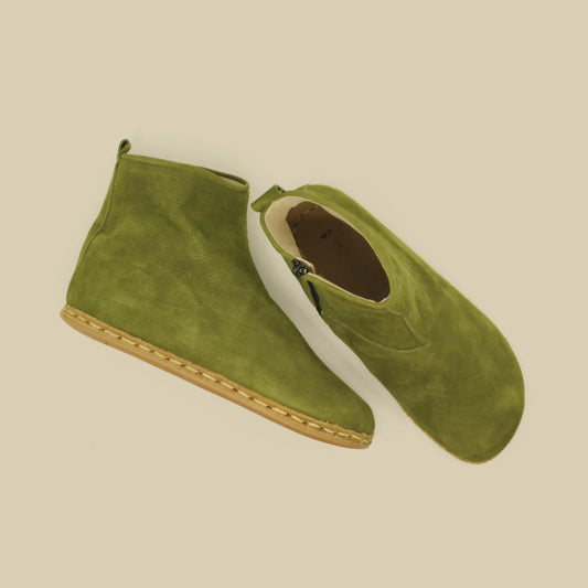 mens green barefoot boots with zipper leather