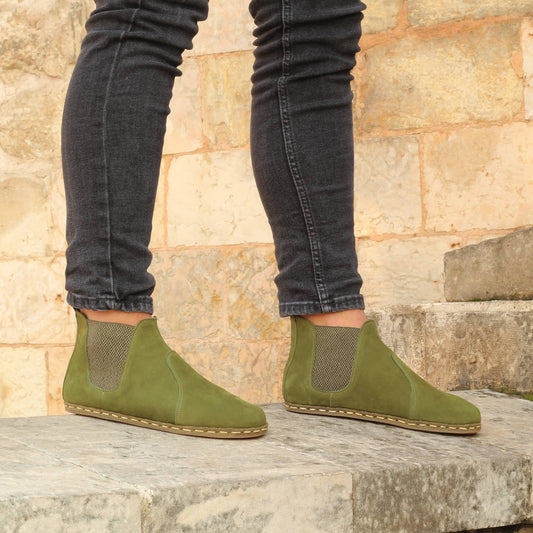 mens nubuck green handmade chelsea barefoot boots