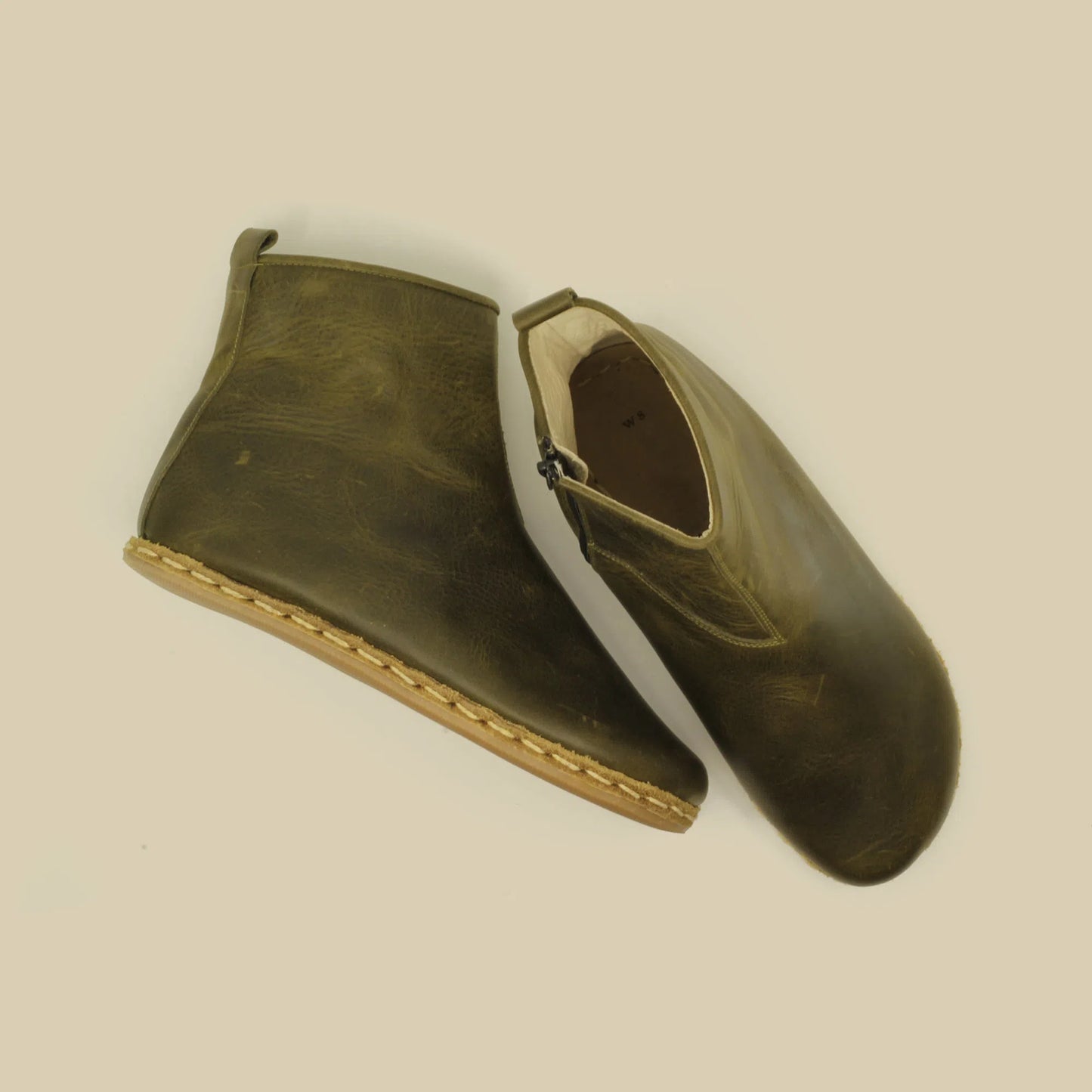 mens olive green barefoot boots with zipper leather