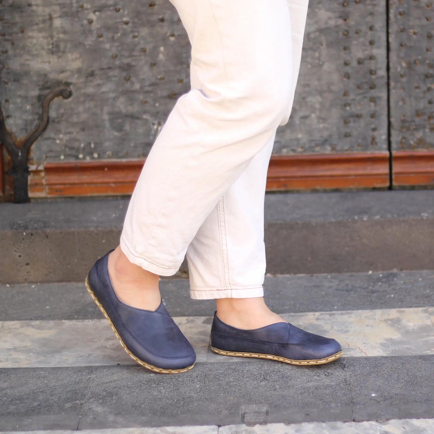 natural handmade barefoot loafers for women navy blue