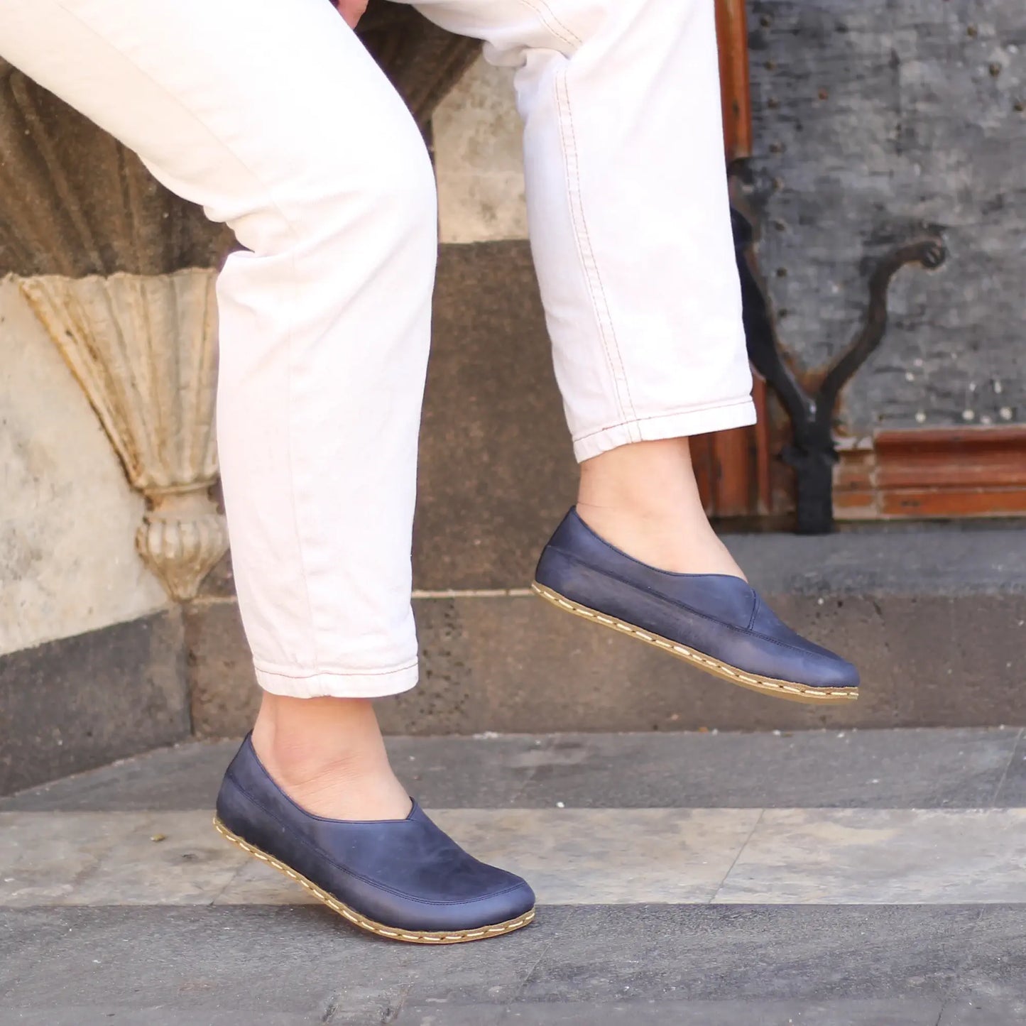 navy blue womens handmade barefoot loafers
