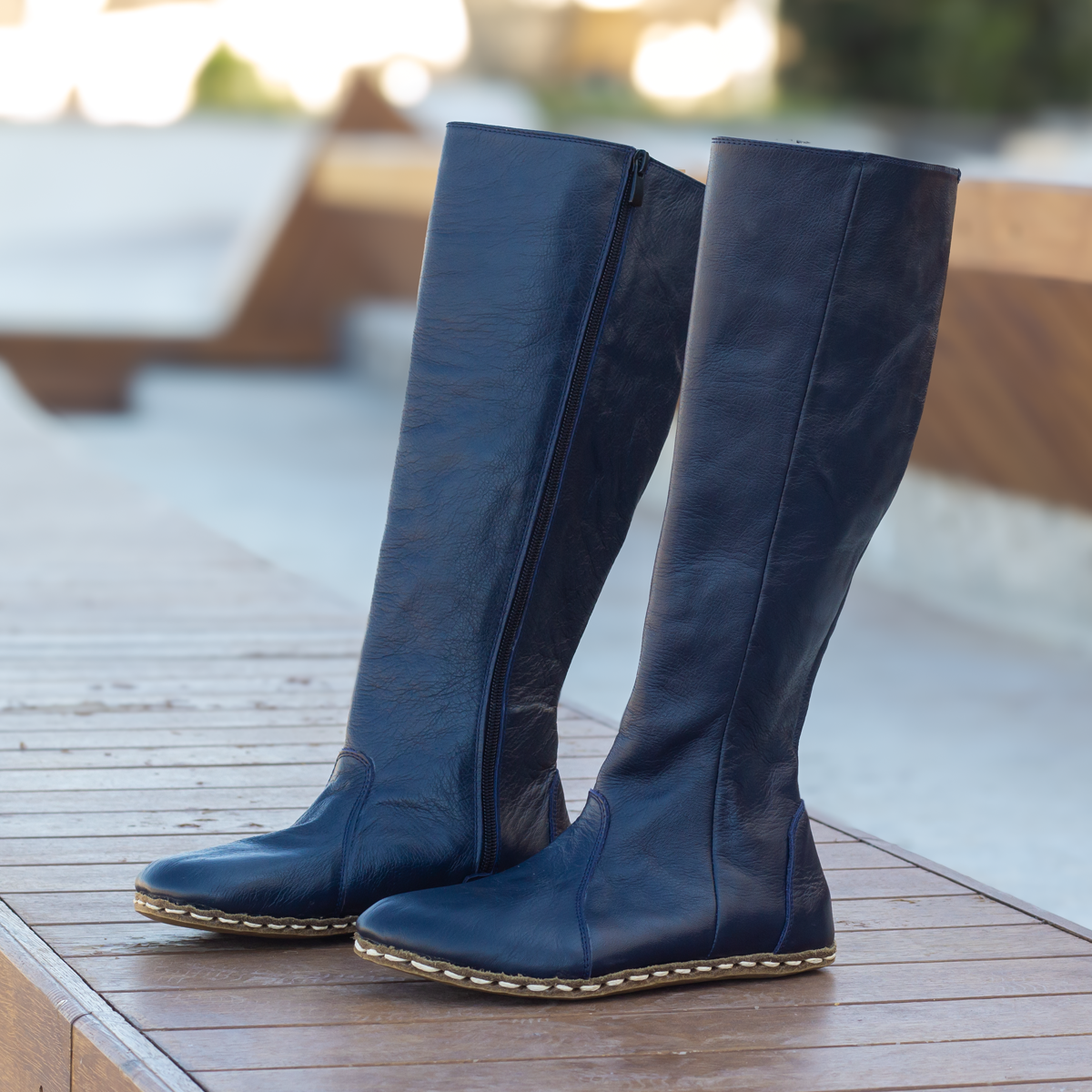 Navy Blue Women s Leather Barefoot Earthing Long Boots Nefes