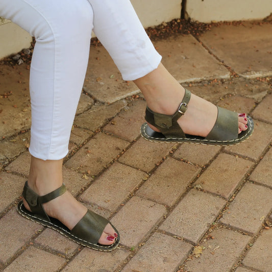 olive green leather band barefoot huarache sandals women