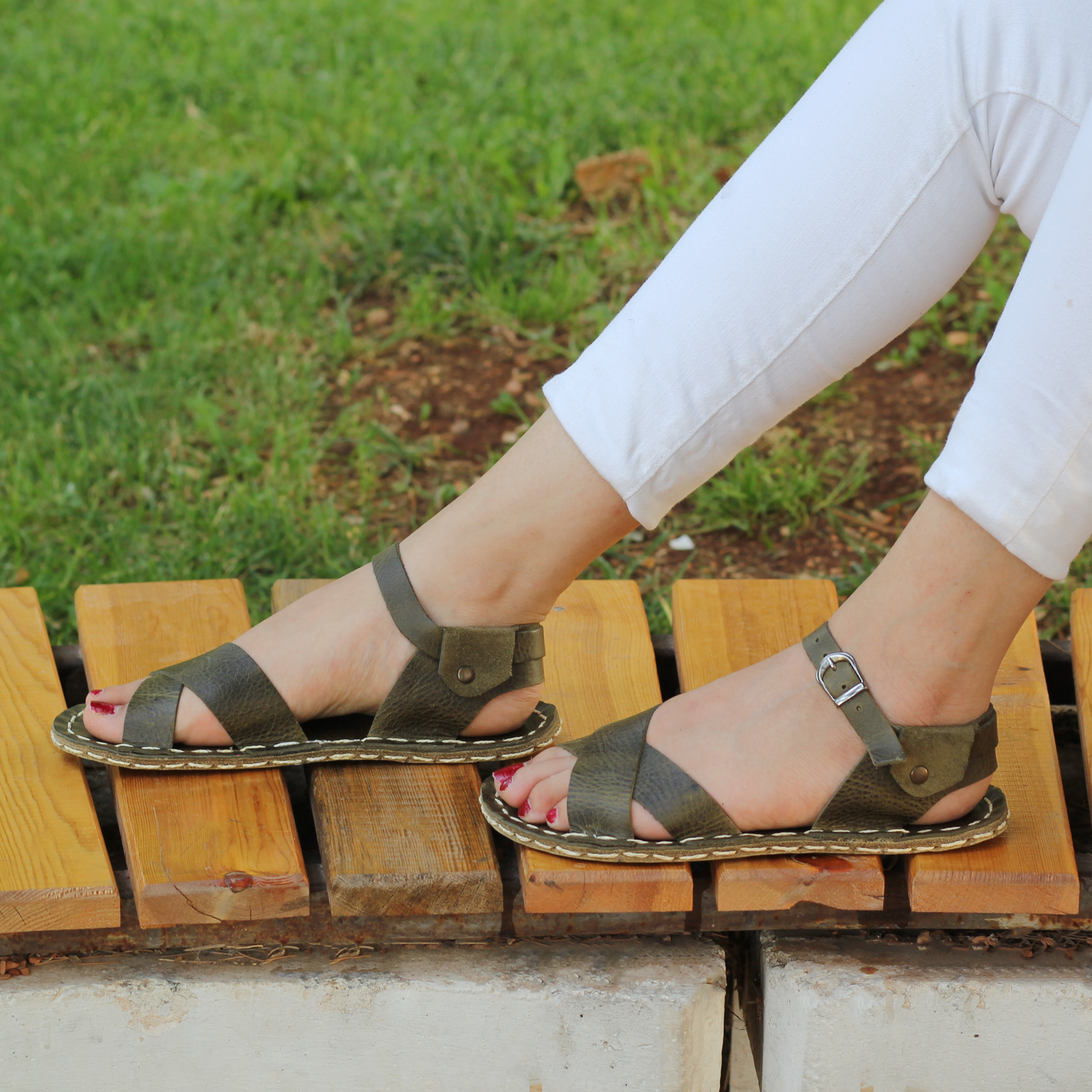 Olive Green Leather Women's Huarache Barefoot Sandals-Women's Sandals-Nefes Shoes-3-Nefes Shoes