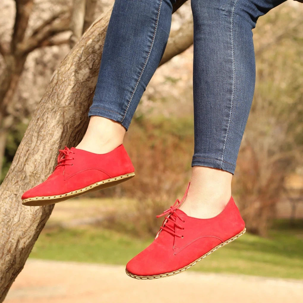 Barefoot Oxford Shoes Women Laced Nubuck Red Nefes Shoes