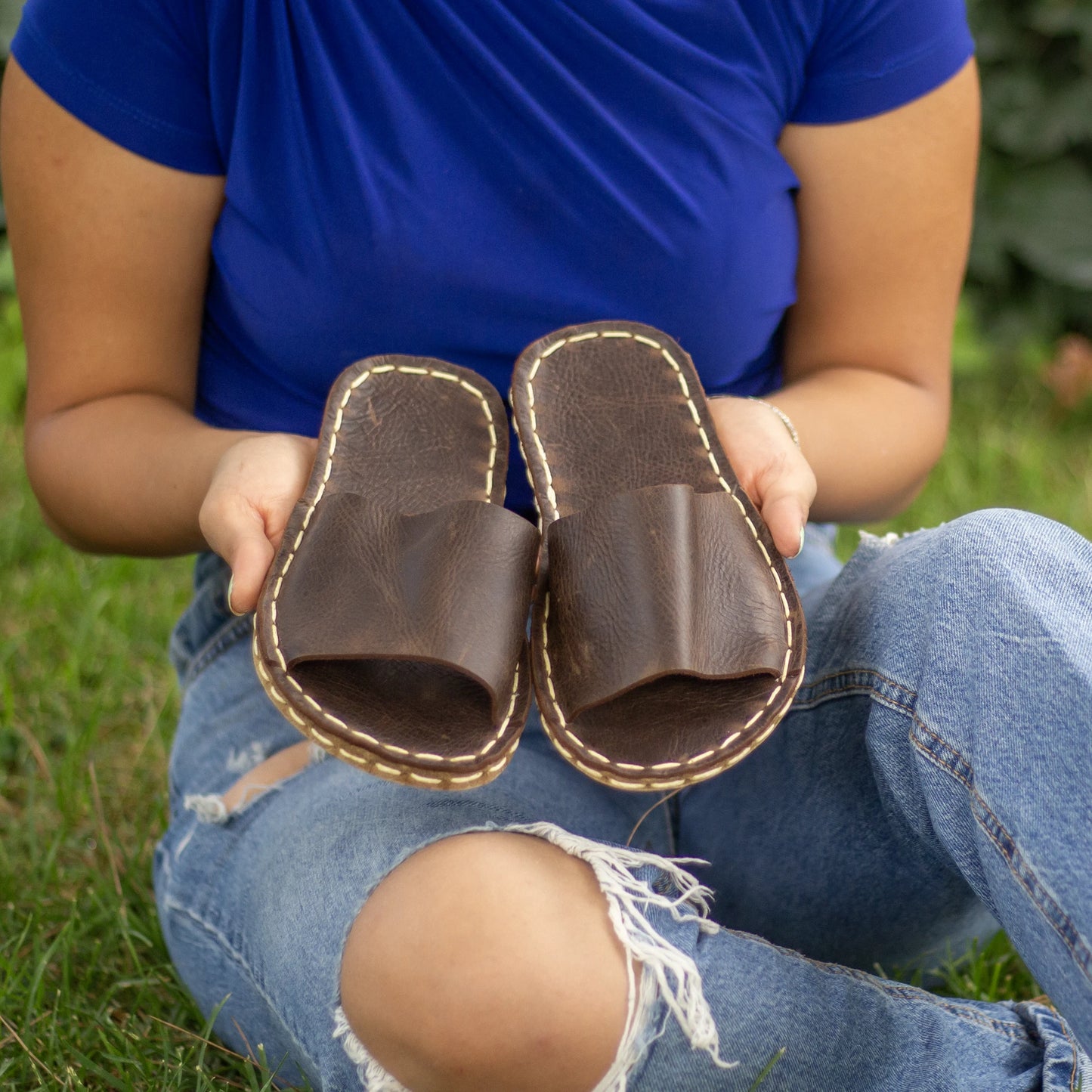 tape handmade brown leather slippers for women