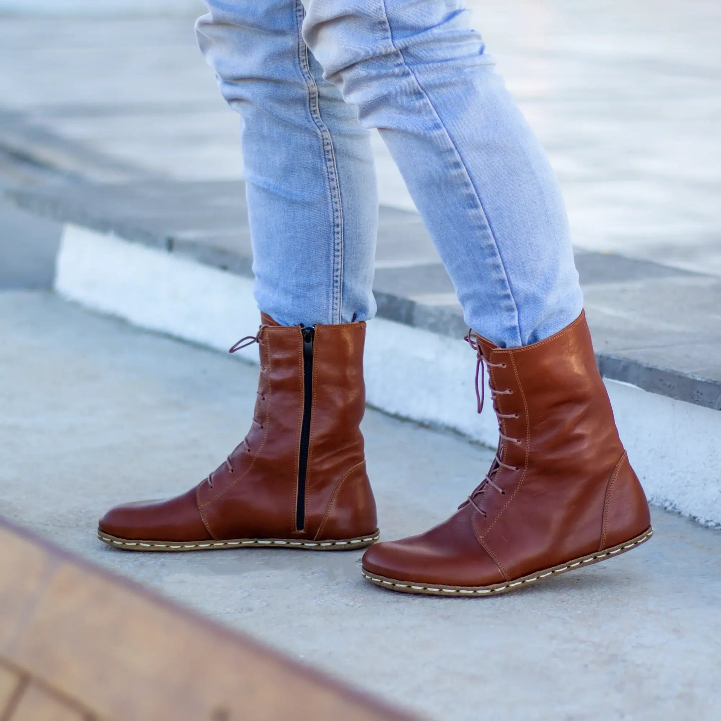 tornado brown barefoot lace up leather boots for men