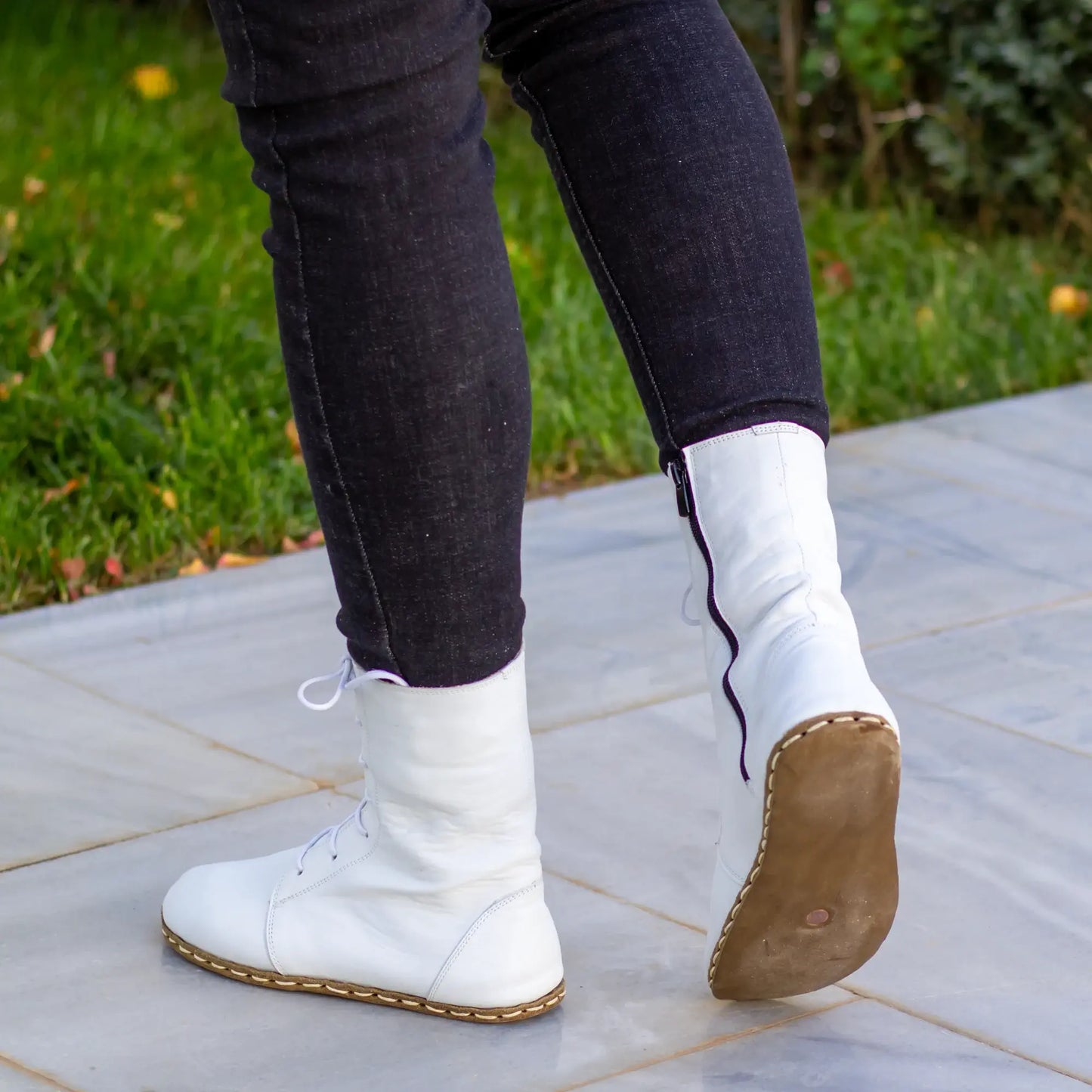 white barefoot leather lace up boots for women