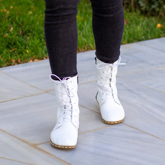 womens barefoot white leather lace up boots