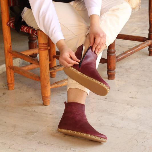 womens burgundy barefoot boots with zipper stylish wear