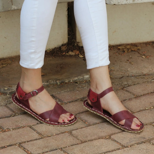 womens burgundy leather barefoot huarache sandals