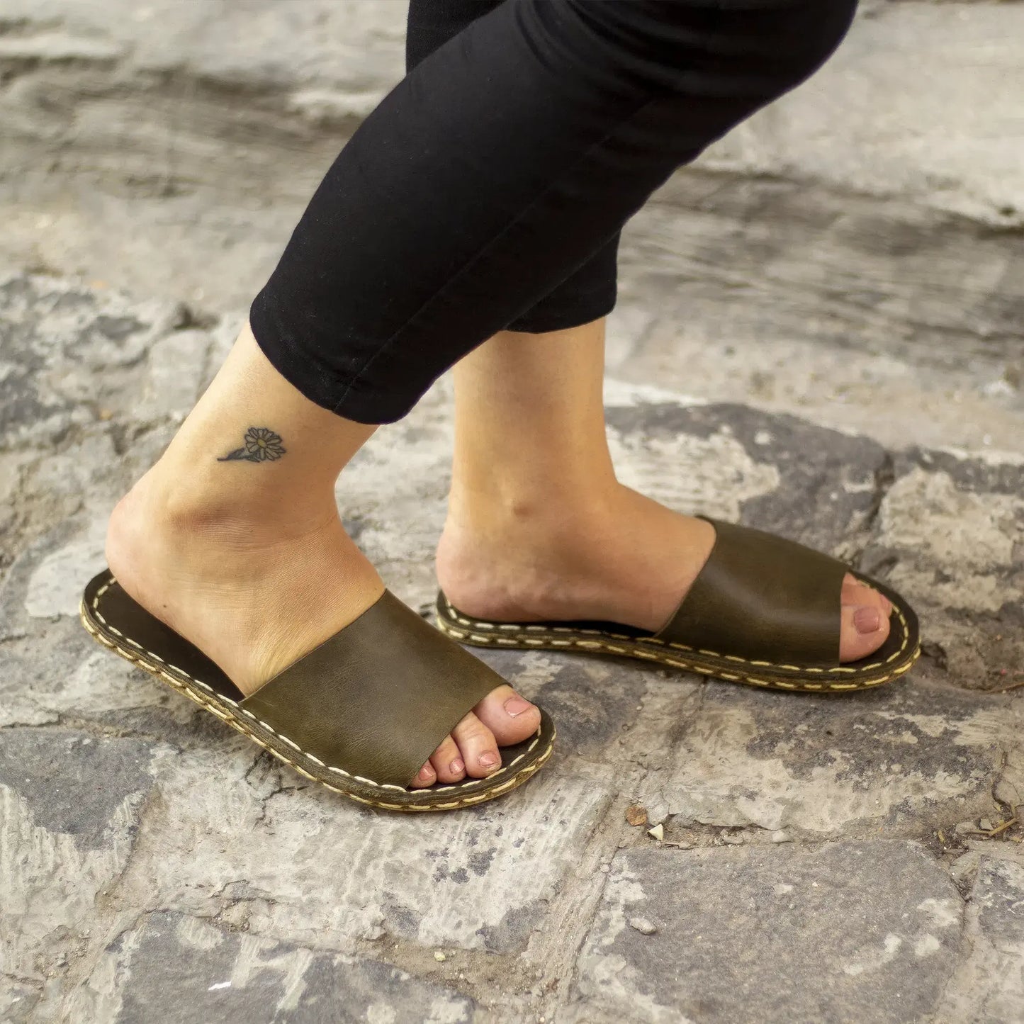 womens handmade olive green tape leather slippers