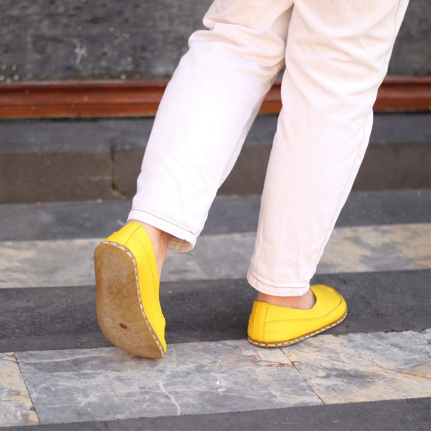 womens handmade yellow barefoot leather loafers