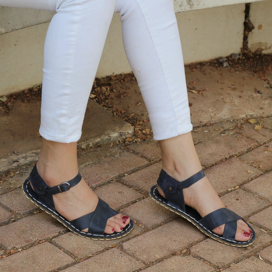 womens navy blue leather barefoot huarache sandals