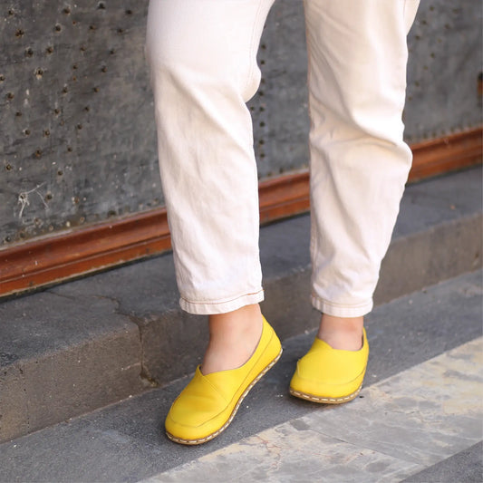 yellow womens handmade barefoot loafers