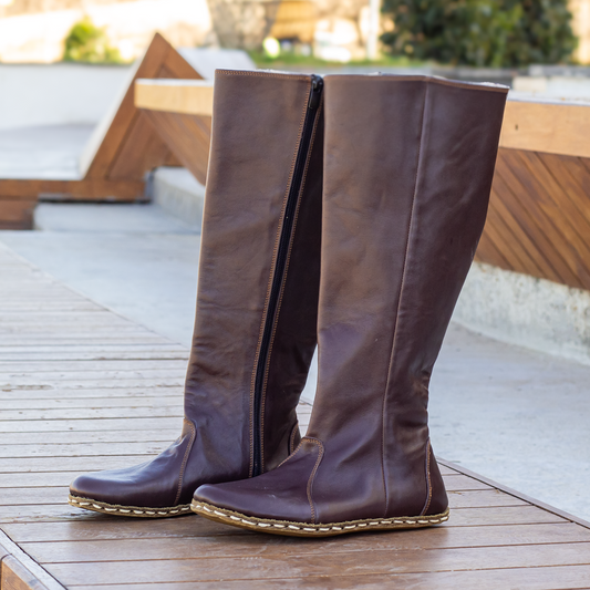 Bitter Brown Women's Leather Barefoot Earthing Long Boots-Nefes Shoes