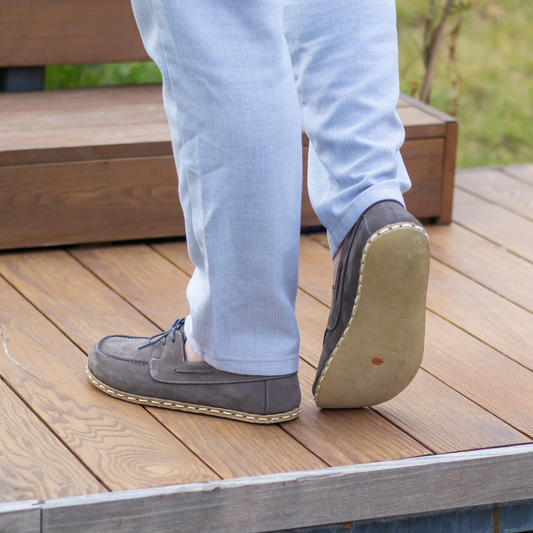 Gray Nubuck Men's Leather Earthing Barefoot Shoes-Nefes Shoes
